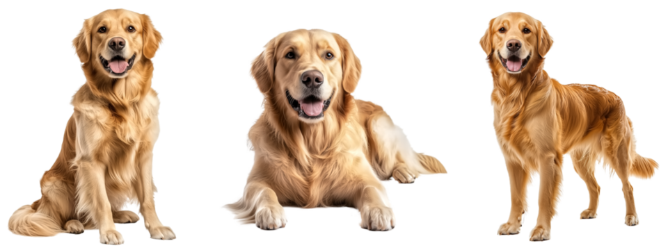 Full body set of Golden Retriever dog in sitting, lying down and standing, isolate on transparent background - Powered by Adobe