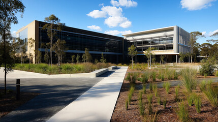 Fototapeta premium Modern building with landscaped pathway and green grass.