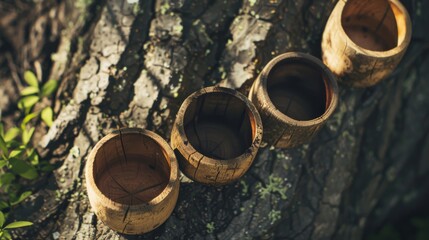 Four rustic wooden cups arranged on a weathered tree trunk, showcasing natural textures and earthy tones, emphasizing simplicity and craftsmanship.