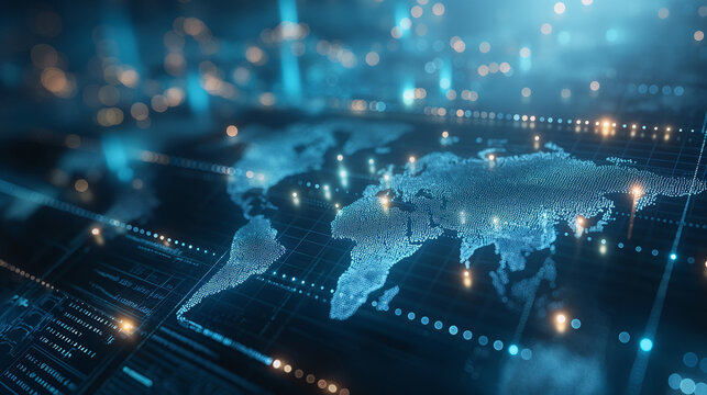 Global Connectivity: "A world map made of glowing lines and nodes representing global connectivity through the internet, showing how communication technology links people across continents .