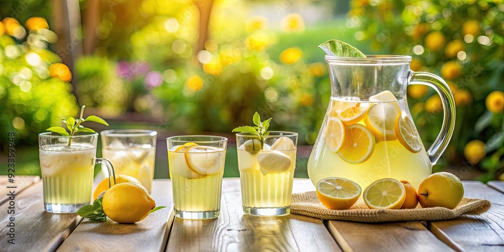 Wall mural Refreshing lemonade pitcher and empty glasses on a sunny patio , summer, drink, cold, beverage, outdoor, relaxing, citrus