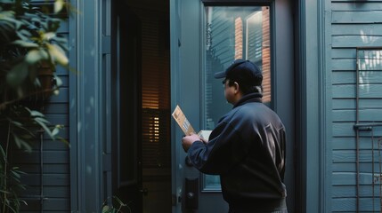 A delivery person hands over a package at a door, signaling the end of a mail delivery amidst a neighborhood setting.
