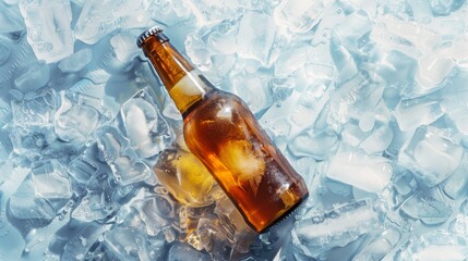 An amber beer bottle rests on a thick layer of ice, its frosty surface gleaming invitingly.
