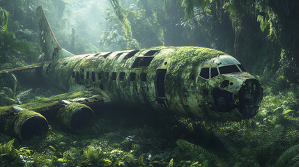 A crashed and abandoned plane in the jungle