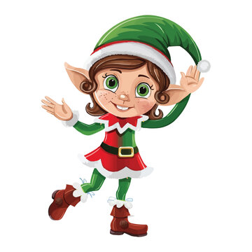 Cartoon christmas girl elf waving vector