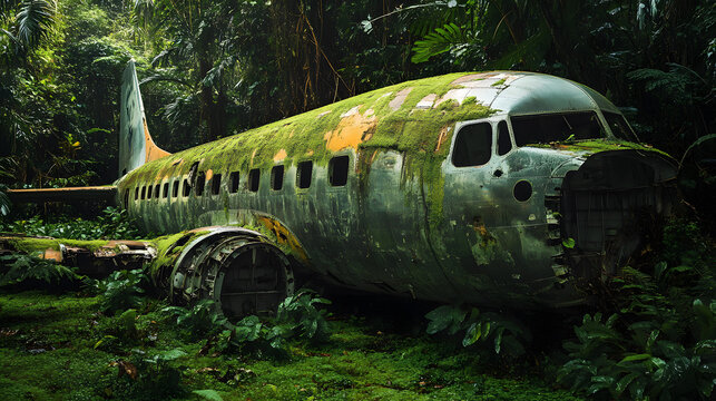 A crashed and abandoned plane in the jungle