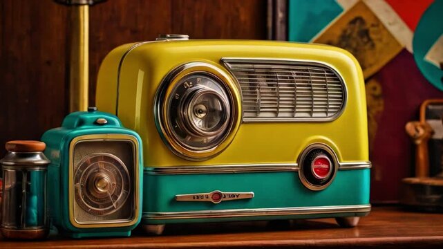 Antique radio with vintage music player and sound box on the table in retro yellow and paste green color Generative AI