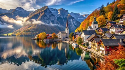 Autumn serenity in Hallstatt with views of Hallst?tter See and Dachstein Mountains , tranquil, serene