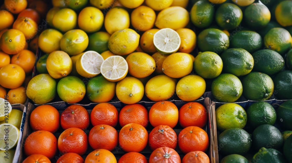 Wall mural A vibrant display of lemons, limes, and oranges at a market, showcasing the freshness and diversity of citrus fruits.