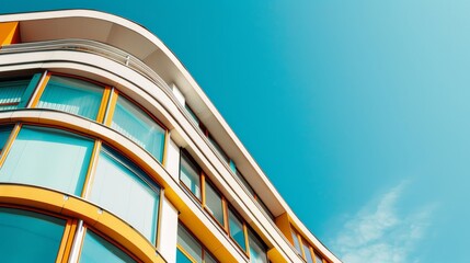 A striking modern building with white and yellow curved architecture under a clear blue sky, evoking a sense of innovation and contemporary urban elegance.