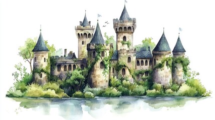 Fototapeta premium Enchanting Fantasy Castle with Ivy Covered Towers in Whimsical Watercolor on White Background