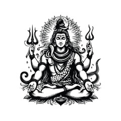 Lord Shiva illustration, hand drawn black and white Hindu God vector illustration isolated white background