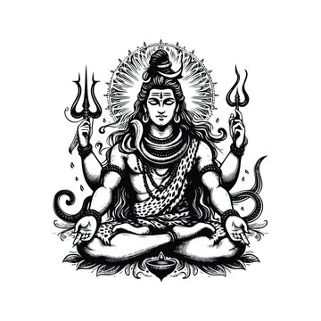 recommend clip art: Lord Shiva illustration, hand drawn black and white Hindu God vector illustration isolated white background