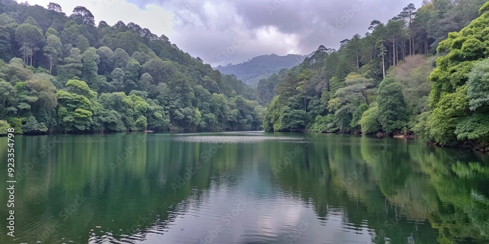 Wall mural Serene lake nestled in a lush forest , nature, water, trees, reflection, tranquility, peaceful, landscape, scenic, beauty