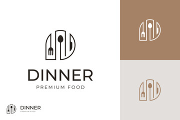 Diner or dinning logo icon design with cutlery line style concept for catering food, eatery vector logo template