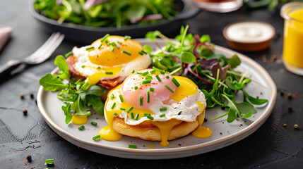 a classic eggs benedict, with perfectly poached eggs, Canadian bacon, and hollandaise sauce on an English muffin, garnished with fresh chives, set on a white plate with a side of mixed greens