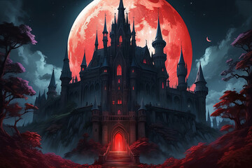 Obraz premium art illustration of a extremely detailed ominous gothic castle at night in an overgrown and magical world