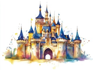 Magnificent and Towering Fantasy Castle with Striking Blue Spires Depicted in a Captivating Watercolor Style and Isolated on a White Background