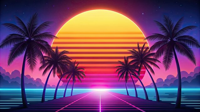 Summer beach poster featuring retro neon colors in a synthwave style, retrowave, synthwave, neon, vibrant, retro, beach, summer