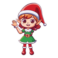 Cartoon christmas girl elf waving vector