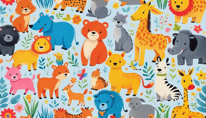 Naklejka premium Illustrative childlike depiction of various cute and friendly animals from nature in bright colors