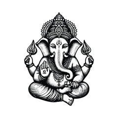 Art & IllustrationLord Ganesha illustration, hand drawn black and white Hindu God vector illustration isolated white background