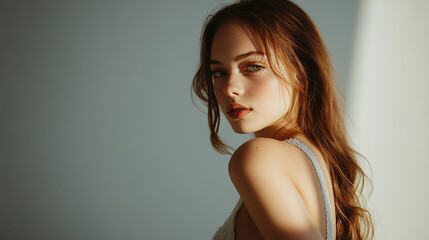 Naklejka premium Fashionable female model posing confidently in a minimalist studio with soft lighting, natural beauty and a simple solid color background, perfect for high-end fashion photography and editorial work.