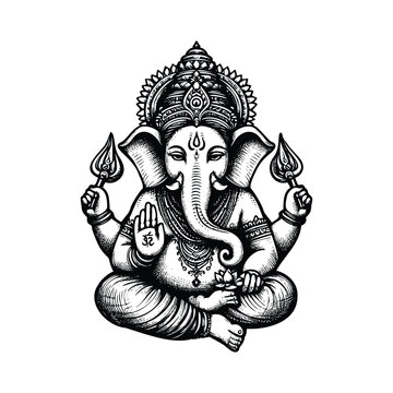 recommend clip art: Art & IllustrationLord Ganesha illustration, hand drawn black and white Hindu God vector illustration isolated white background
