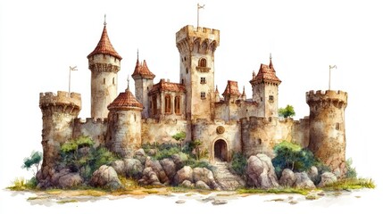 Fototapeta premium Stunning watercolor depicting an ancient crumbling fantasy castle with towering turrets and weathered stone walls standing majestically against a plain white background