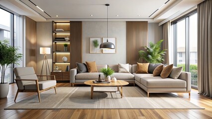 Modern living room with clean lines and neutral colors, interior design, contemporary, cozy, home decor