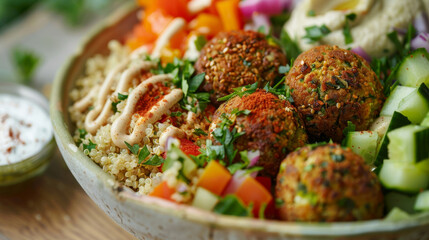 Close-up image of vegan falafel bowls with quinoa tabbouleh, hummus, tahini sauce, roasted...