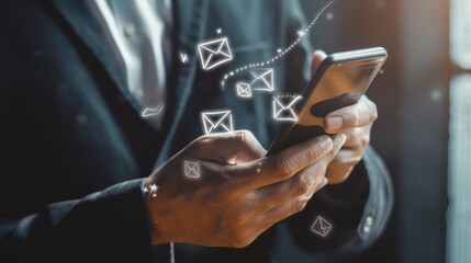 A person interacts with a smartphone displaying floating email icons, symbolizing the quick and efficient flow of digital communication.