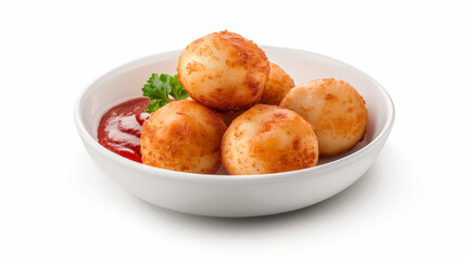 A bowl of golden Bavarian dumplings, served with a side of rich tomato sauce and garnish with fresh parsley, offering a delicious and hearty snack.