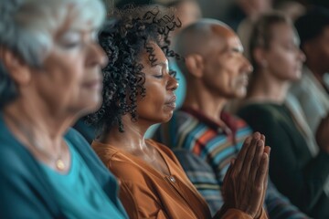 Obraz premium People Pray. Group of Adult Caucasian Christians Praying Together Indoors