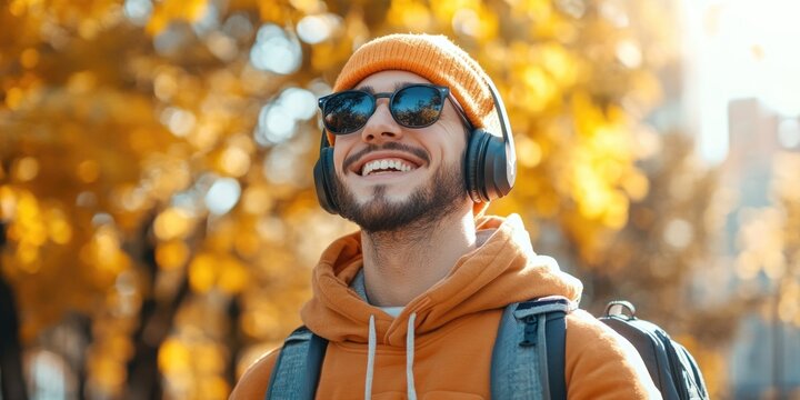 Urban Autumn: Man with Backpack and Headphones, Leaning into Fall Season