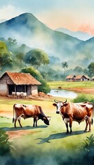 Beautiful rural village landscape illustration and  Glimpse into What Rural Village Life in India is Like. watercolor style