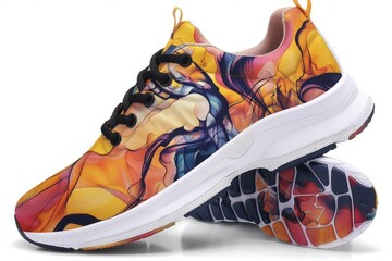 Yellow, orange, pink and blue abstract design women running shoes