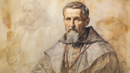 Fototapeta premium Illustration of Reflection of St. Robert Bellarmine in 17th-Century Vatican, Biblical Illustration, Beige Background, Copyspace,Christian banner