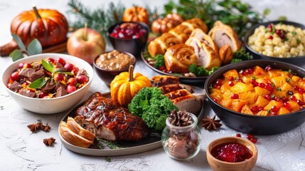 Thanksgiving Dinner Table Setting with Traditional Foods.