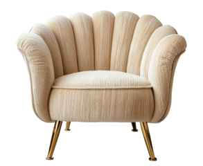 Cozy beige armchair in Scandinavian style with metal legs, perfect for modern living space. Lounge chair on transparent background. Cut out furniture. Front view.