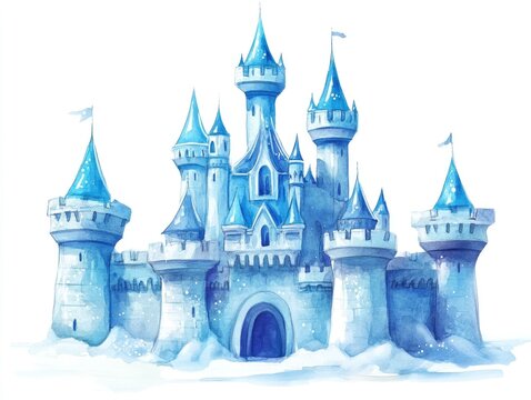 Whimsical watercolor of a fantastical ice castle with sparkling turquoise turrets set against a serene icy landscape  The castle s ethereal crystalline design evokes a sense of magical