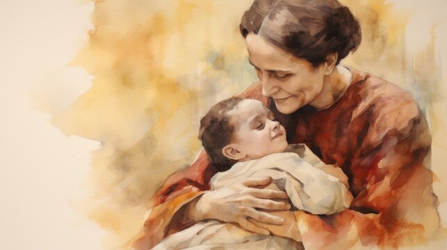 Illustration of Caring for Patients by St. Gianna Beretta Molla in 20th-Century Italy, Biblical Illustration, Beige Background, Copyspace,Christian banner