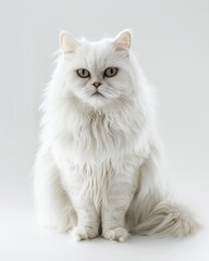 Persian Cat Sitting in Front of White Background. Cute Pet in Elegant White Space