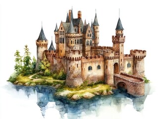 Fototapeta premium Enchanting fantasy castle with drawbridge over a moat surrounded by a lush landscape This watercolor captures the architectural details and magical atmosphere of a medieval fortress
