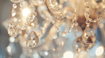 A close-up of an elegant chandelier adorned with sparkling crystal pendants, casting brilliant light and creating a magical, luxurious ambiance.