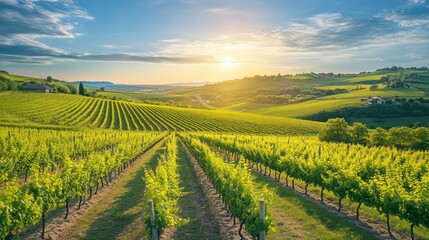 Vineyards in lush green fields on the horizon of rolling hills