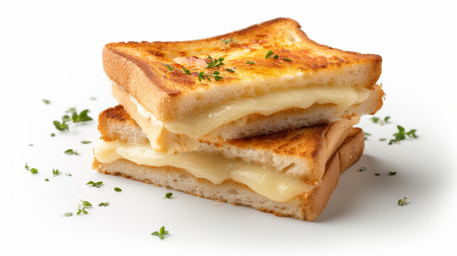 Classic French croque monsieur, with bechamel sauce and melted cheese, layered between slices of crispy, golden toast, on a white background.