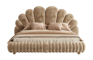 Modern Scandinavian, Boho style bed with headboard, complete with beige bedding and throw. Warm, earth colors. Double bed on transparent background. Cut out furniture. Front view.