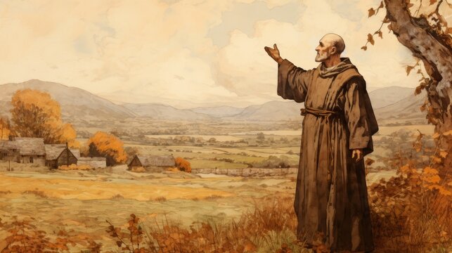 Illustration of Preaching of St. David of Wales in Welsh Countryside, Biblical Illustration, Beige Background, Copyspace,Christian banner