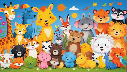 Fototapeta premium Illustrative childlike depiction of various cute and friendly animals from nature in bright colors